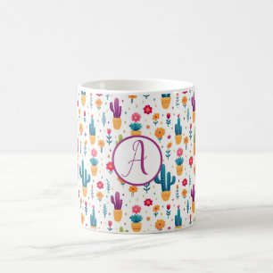 Cute Lila Teal Blommigt Cactus Script Monogram Kaffemugg
