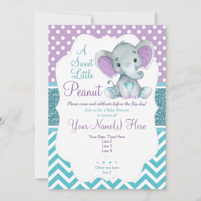 Cute Lila Teal Elephant-inbjudan, babyskor Inbjudningar (Framsida)