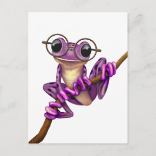 Cute Lila Träd Frog med glasögon Öga på vitt Vykort