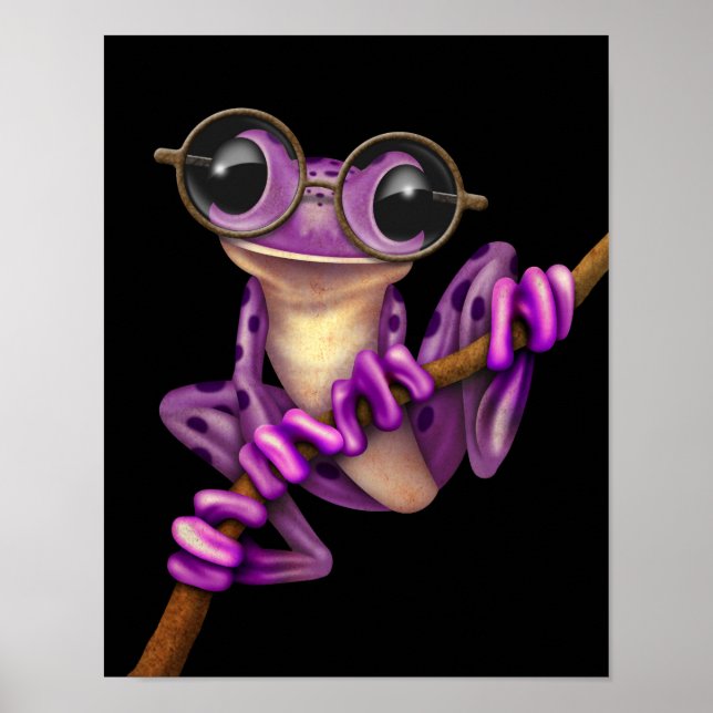 Cute Lila Träd Frog med Öga-glasögon på svart Poster (Framsidan)