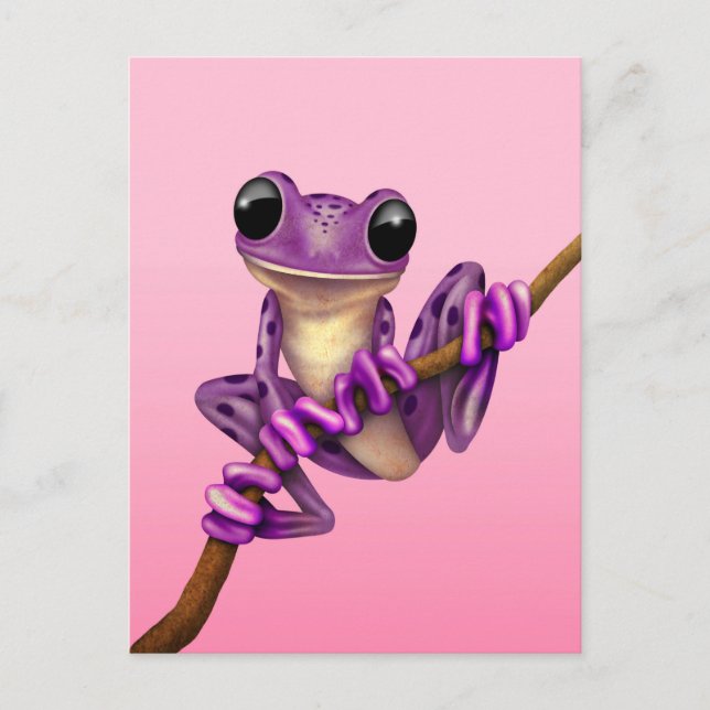 Cute Lila Träd Frog på Gren på Rosa Vykort (Framsida)