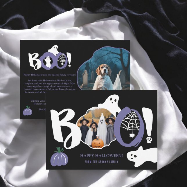 Cute lila trendig Boo spöken 2 foton Halloween Julkort (Cute purple trendy Boo ghosts 2 photos Halloween Holiday Card)