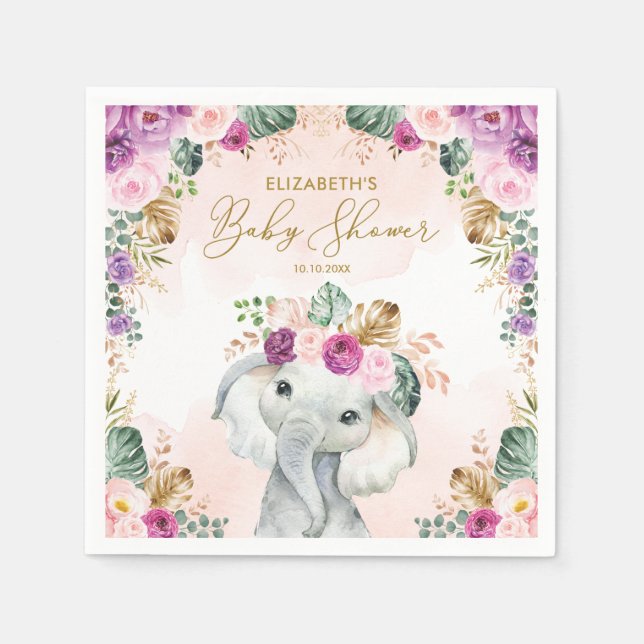Cute Lila  Tropical Elephant Baby Shower Pappersservett (Framsidan)
