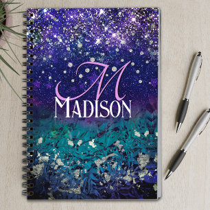 Cute lila turkos ombre glitter monogram anteckningsbok