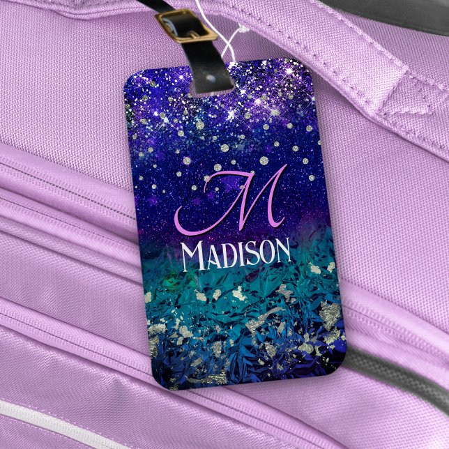 Cute lila turkos ombre glitter monogram bagagebricka (Skapare uppladdad)