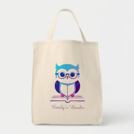 Cute lila uggla vid bok personlig bibliotek bok vi tygkasse