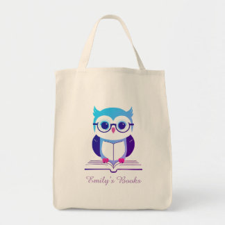 Cute lila uggla vid bok personlig bibliotek bok vi tygkasse