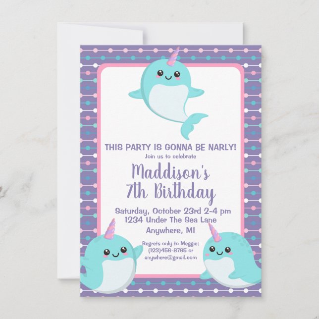 Cute Lila under Sea Narwhal Birthday Inbjudningar (Framsida)