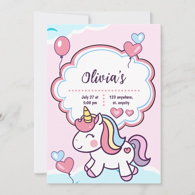 Cute Lila Unicorn Barns födelsedag Inbjudningar (Framsida)