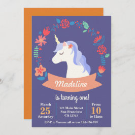Cute lila Unicorn-blommigt-inbjudan Inbjudningar