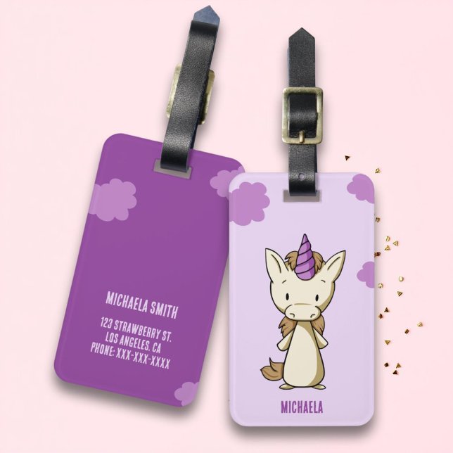 Cute Lila Unicorn Girl Namn Kids Bagagebricka (Skapare uppladdad)