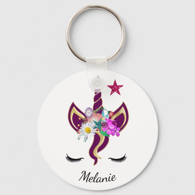 Cute Lila Unicorn Horn Personlig Nyckelring (Framsida)