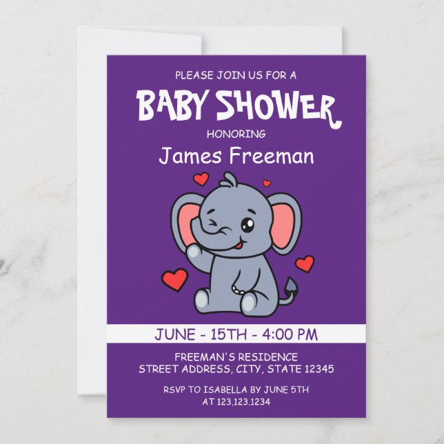 Cute Lila Vector Boy Elephant Baby Shower Inbjudningar (Framsida)
