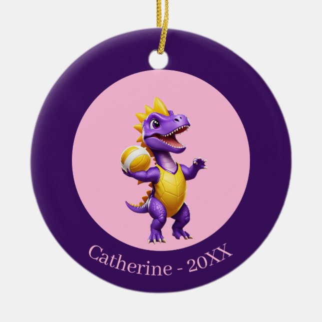 Cute lila volleyball dinosaur julgransprydnad keramik (Framsidan)