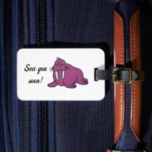Cute Lila Walrus Tecknad, Friendly Ocean Nature Bagagebricka