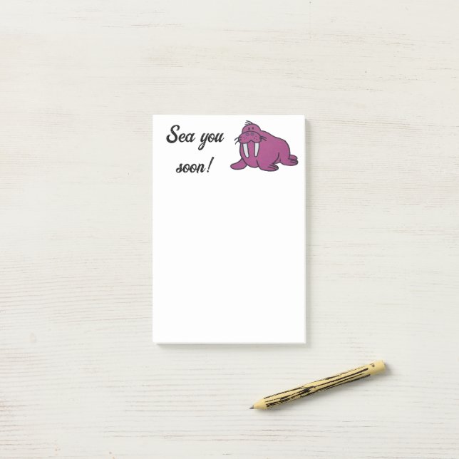 Cute Lila Walrus Tecknad, Friendly Ocean Nature Post-it Block (På skrivbordet)