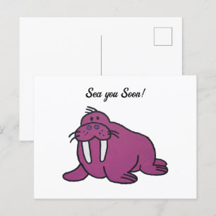 Cute Lila Walrus Tecknad, Friendly Ocean Nature Vykort