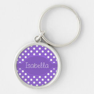 Cute Lila & White Polka Dot Mönster & Namnplåt Rund Silverfärgad Nyckelring
