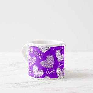 Cute Lila White Scribbered Heart med Kärlek Script Espressomugg