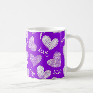 Cute Lila White Scribbered Heart med Kärlek Script Kaffemugg