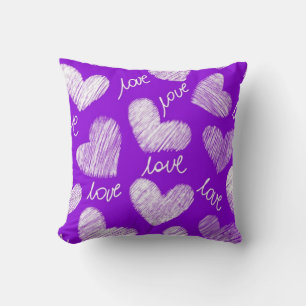 Cute Lila White Scribbered Heart med Kärlek Script Kudde