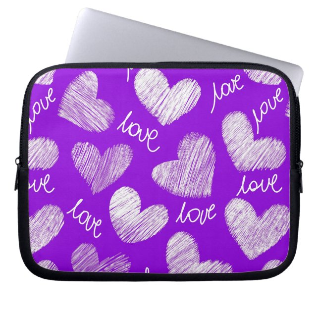 Cute Lila White Scribbered Heart med Kärlek Script Laptop Sleeve (Framsidan)