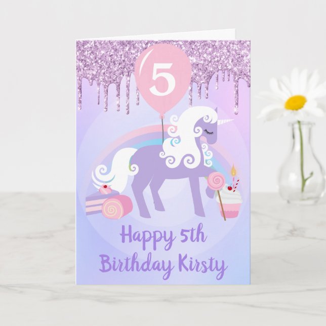 Cute Lila & White Unicorn Treat Birthday Kort (Liten växt)