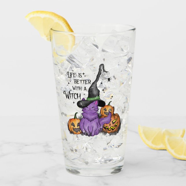 Cute Lila Witch Cat med Jack-O'-Lanternor Glaskopp (Framsida Ice)
