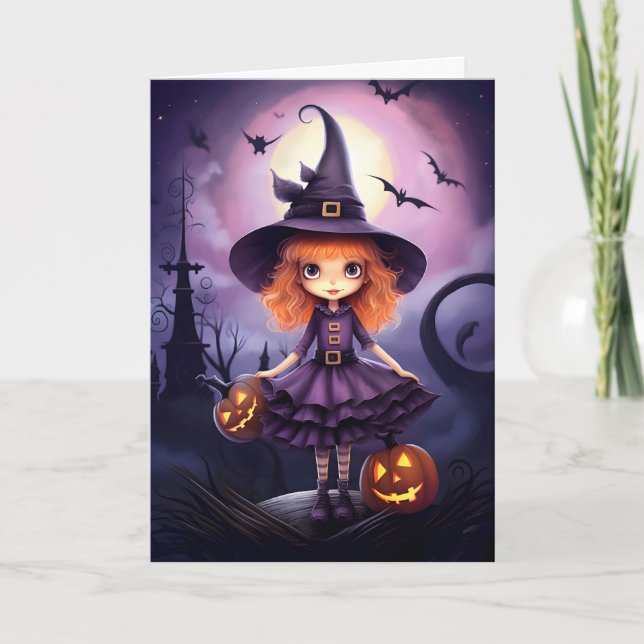 Cute Lila Witch Illustration Halloween Kort (Framsida)