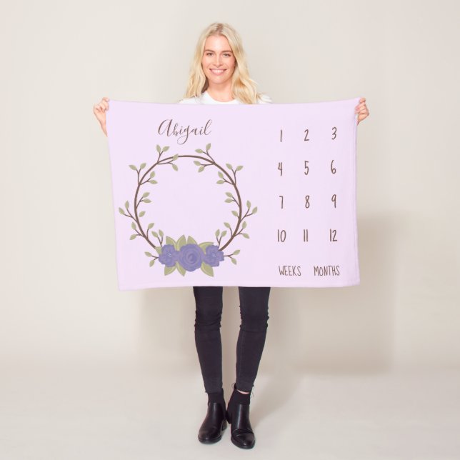 Cute Lilac Blommigt Wandeand Baby Milestone Fleecefilt (På plats)