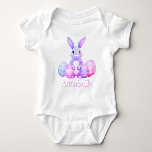 Cute Lilac Bunny med Pastel Rosa Påskägg Namn T Shirt (Framsida)