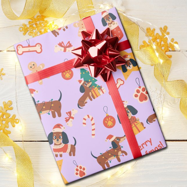 Cute Lilac Christmas Dachshund Merry Woofmas Presentpapper (Cute festive Dachshund wrapping paper in lilac, perfect for Dachshund dog lovers and the pups too!)