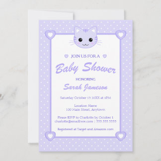 Cute Lilac Lila Tecknad Cat Kitten Baby Shower Inbjudningar
