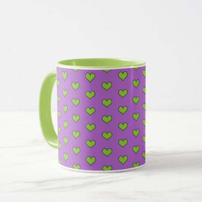 Cute Lilac och Grönt Hearts Mönster Mugg (Framsida vänster)