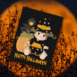 Cute lille Halloween-häxa, svart orange Vykort