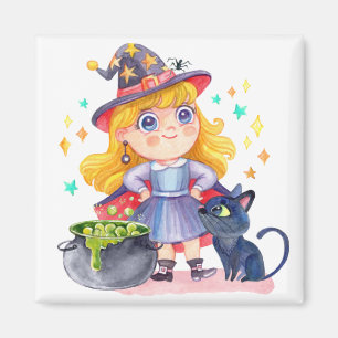Cute lille häxa och svart katt magnet