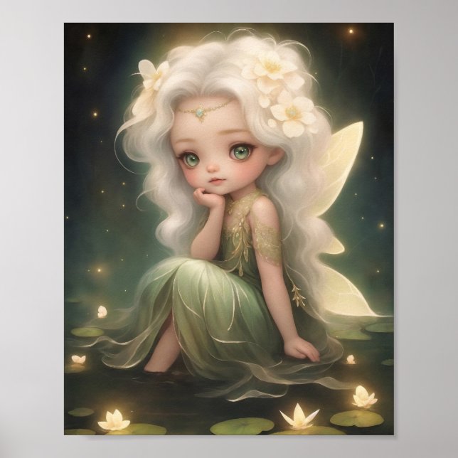 Cute Lilypad Fairy with Flowers, Whimsical Art Poster (Framsidan)
