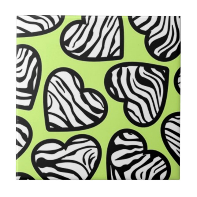 Cute lime green black white zebra mönstrad hjärta kakelplatta (Framsidan)