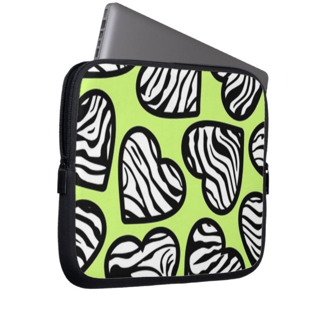 Cute lime green black white zebra mönstrad hjärta laptop sleeve (Framsidan Höger)