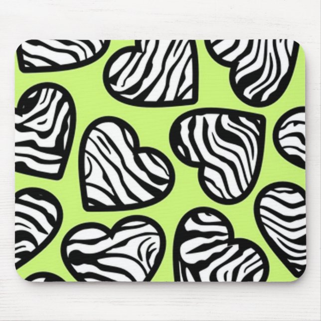 Cute lime green black white zebra mönstrad hjärta musmatta (Framsidan)