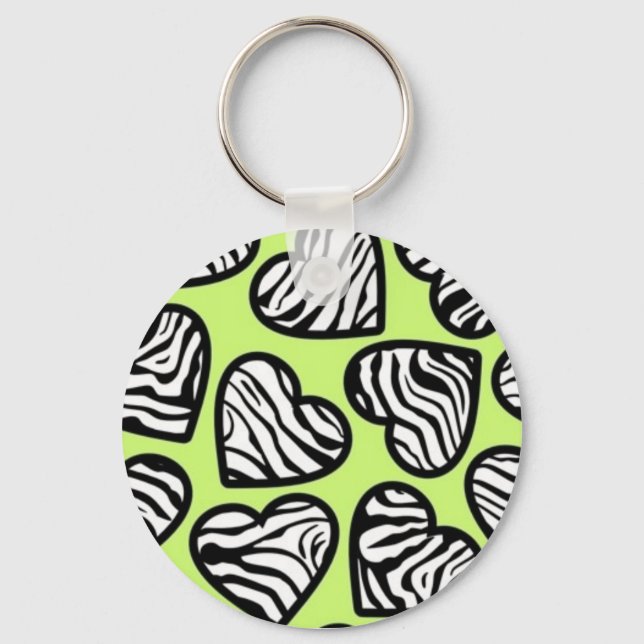 Cute lime green black white zebra mönstrad hjärta nyckelring (Framsida)