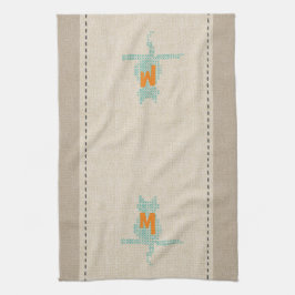 Cute Linen look Mint Monogrammed Cat Towel Kökshandduk