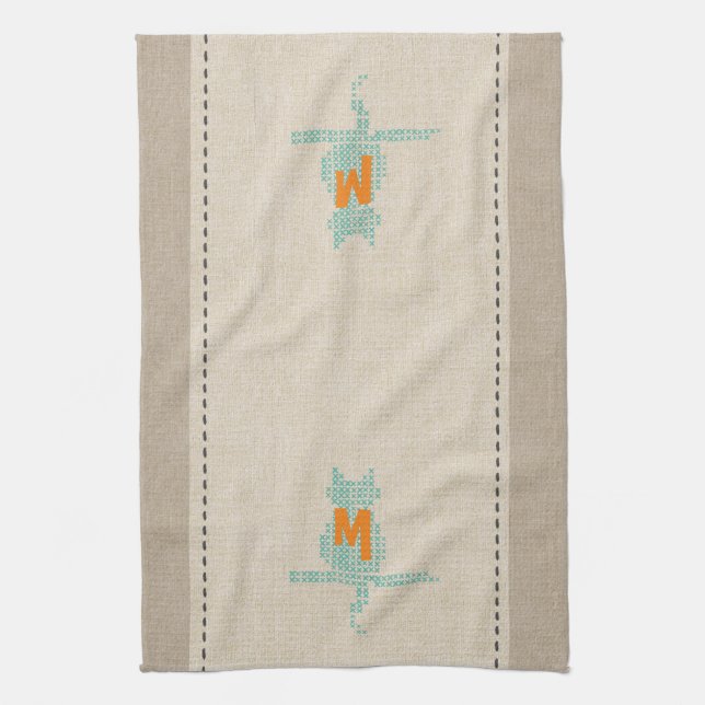 Cute Linen look Mint Monogrammed Cat Towel Kökshandduk (Vertikal)