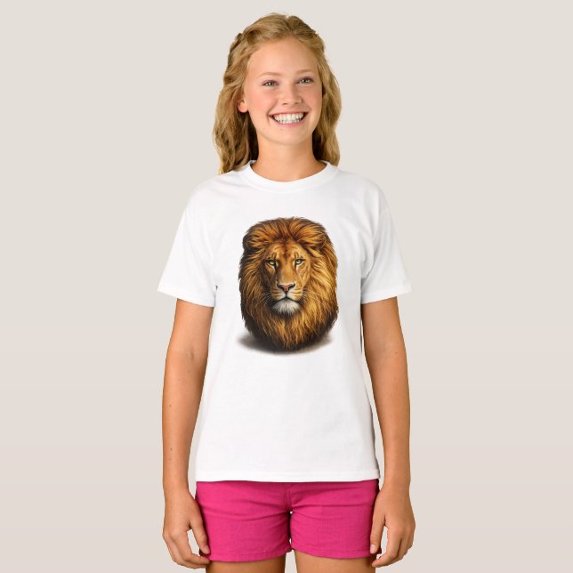 Cute Lion Face Kids Short Sleeve T-Shirt – Fun Tee (Hel framsida)