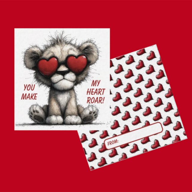 Cute Lion Valentine Card  “You Make My Heart Roar" Anteckningskort (Skapare uppladdad)