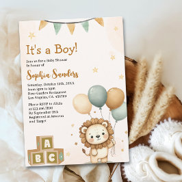 Cute Lion Watercolor Baby Shower Boy Inbjudningar