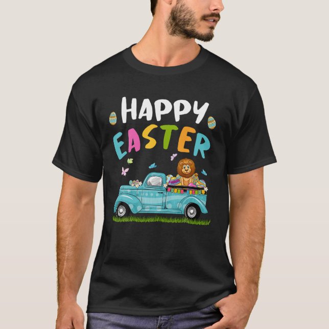 Cute Lion With Bunny Ears Egg Hunting Truck Easter T Shirt (Framsida)