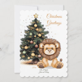 Cute Lion with Festive Tree Illustration Julkort