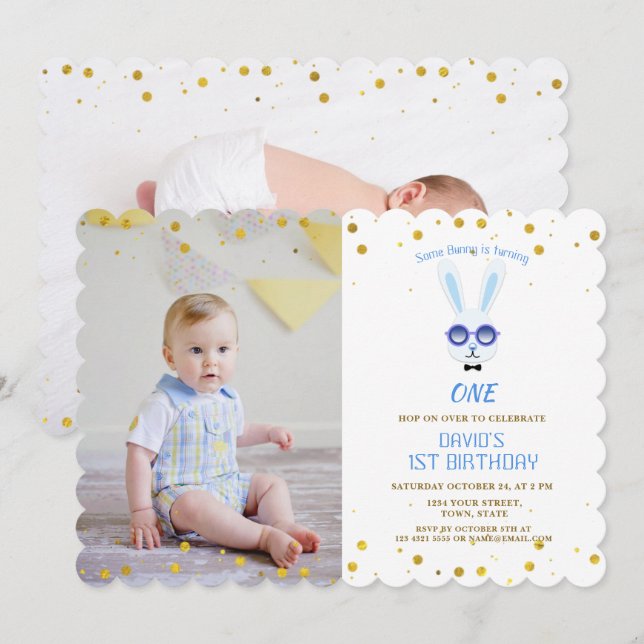 Cute lite Bunny Boy Photo 1ST Birthday Inbjudningar (Fram/baksida)