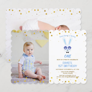 Cute lite Bunny Boy Photo 1ST Birthday Inbjudningar